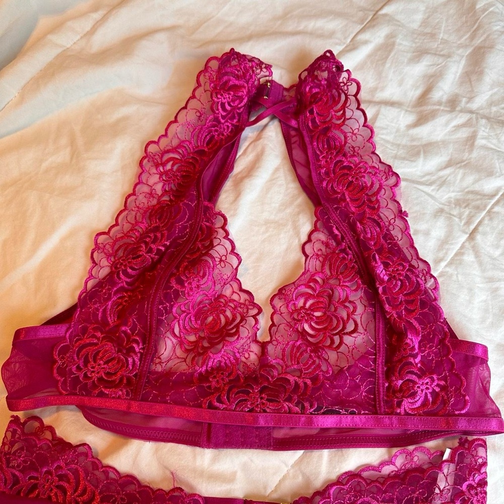 Lace Halter Bralette and Panty Set - Pink - Picture 3 of 5